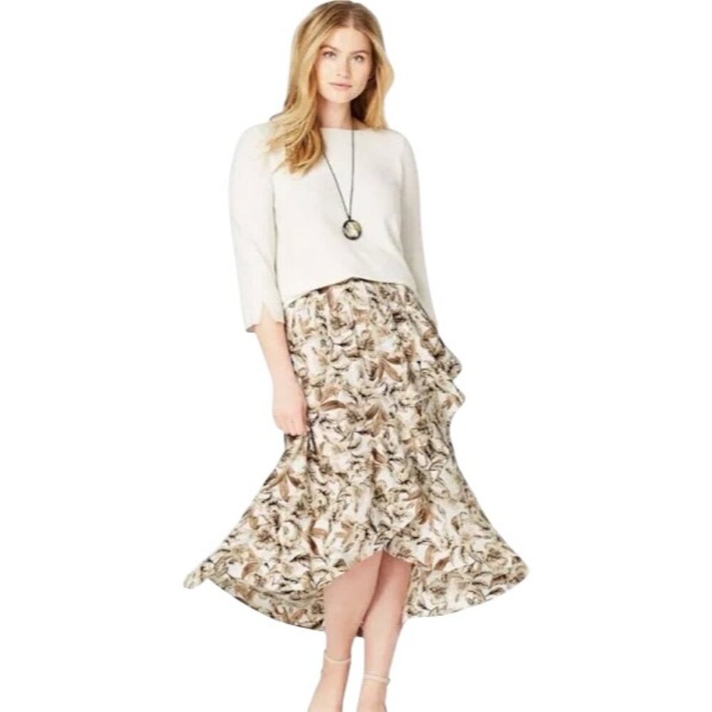 J Jill Creme Brown‎ Floral Skirt Size Medium Hi Low Midi Faux Wrap Elastic Waist